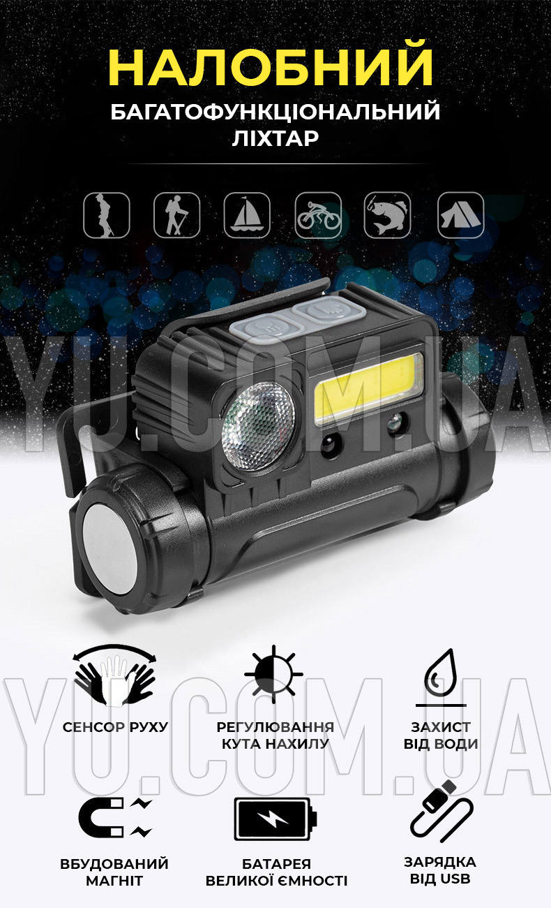 Ліхтар налобний BL-123 COB із USB зарядкою та сенсором Ліхтар налобний BL-123 COB із USB зарядкою та сенсором
